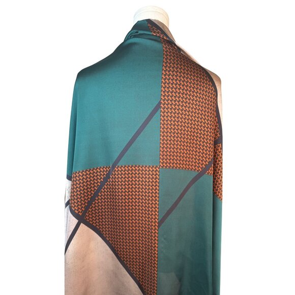 NEW Colorful Abstract Silky Fashion Scarf Burnt Orange Emerald Green & Beige - Picture 6 of 11